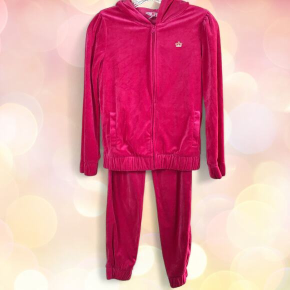 Juicy Couture Girls Size 14 Velour Tracksuit Set Hot Pink Y2K Retro Crown Logo - Picture 1 of 15